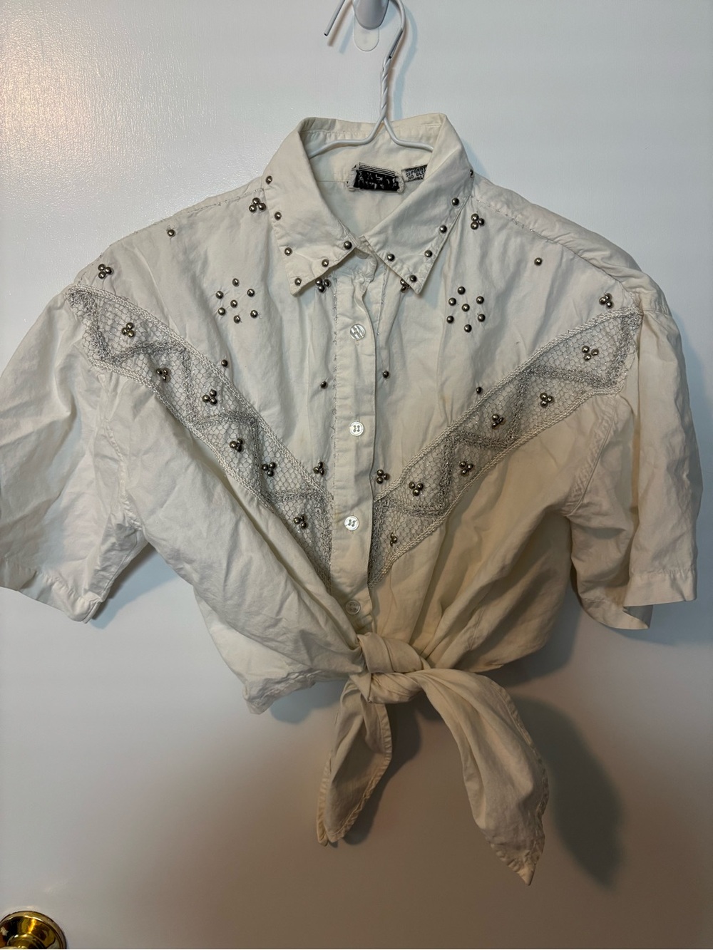 90s Y2K Retro Coastal Cowgirl Cotton Stud-Detail Button Tie Front Shirt Medium